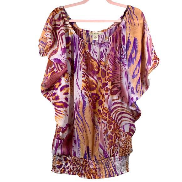 ARDEN B Orange Purple Leopard Print Off the Shoulder Short Sleeve Blouse Medium - Picture 1 of 8